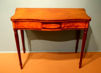 Sheraton card tables, 2 of 2, Massachusetts, c. 1810, mahogany, satinwood inlaid veneer - Cape Ann Museum - Gloucester, MA - DSC01235
