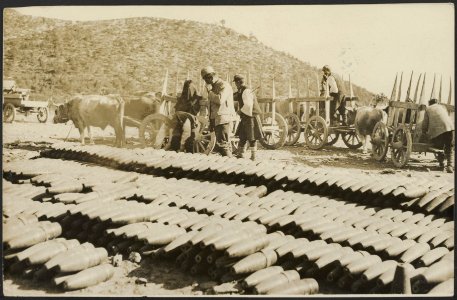 Shells for Serbian guns carried up a mountain by bullock carts, Bestanddeelnr 158-2450
