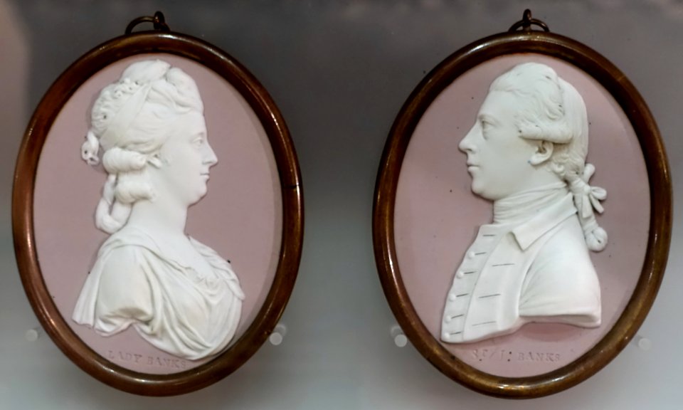 Sir Joseph and Lady Banks, modeled by John Flaxman Jr, 1780-1785, solid lilac jasper with white relief - Wedgwood Museum - Barlaston, Stoke-on-Trent, England - DDSC09626