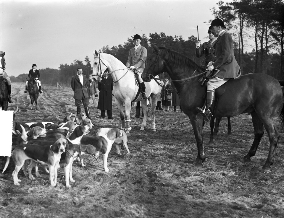 Sint Hubertusjacht bij Amersfoort jagermeester Prins Bernhard, koningin Juliana , Bestanddeelnr 903-6958