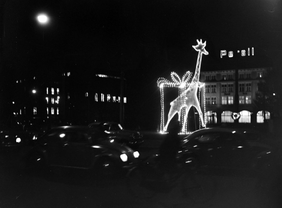 Sint Nicolaas en kerstverlichting in Amsterdamse binnenstad Een giraffe op het , Bestanddeelnr 915-8113