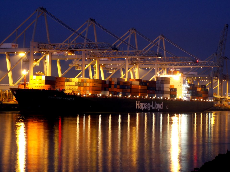 Singapore Express by night approaching Port of Rotterdam, Holland 24-Jan-2006