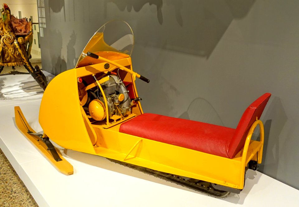 Ski-Doo Snowmobile, Joseph-Armand Bombardier, 1958 (this example from 1961), metal, wood, vinyl, rubber - Montreal Museum of Fine Arts - Montreal, Canada - DSC08975
