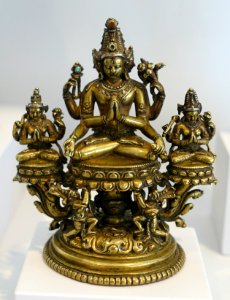 Six-Armed Boddhisattva Avalokiteshvara Flanked by Seated Tara Figures, Tibet, probably 13th century AD, brass, silver, copper, turquoise - Arthur M. Sackler Museum, Harvard University - DSC00847