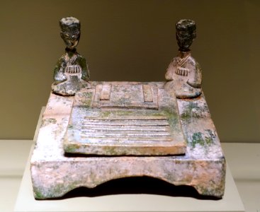 Six sticks (liubo) game board and two players, China, Henan province, Eastern Han dynasty, 1st-2nd century AD, earthenware with calcified green lead glaze - Portland Art Museum - Portland, Oregon - DSC08590