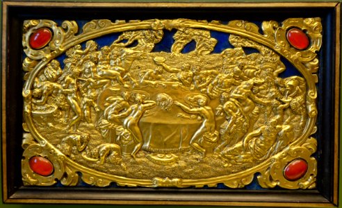 Six Mythological Scenes, 3 Bacchic Feast, Antonio Gentili, Rome, c. 1600 AD, modelled c. 1552-1555 AD, gold plate with precious stones - Bode-Museum - DSC02539