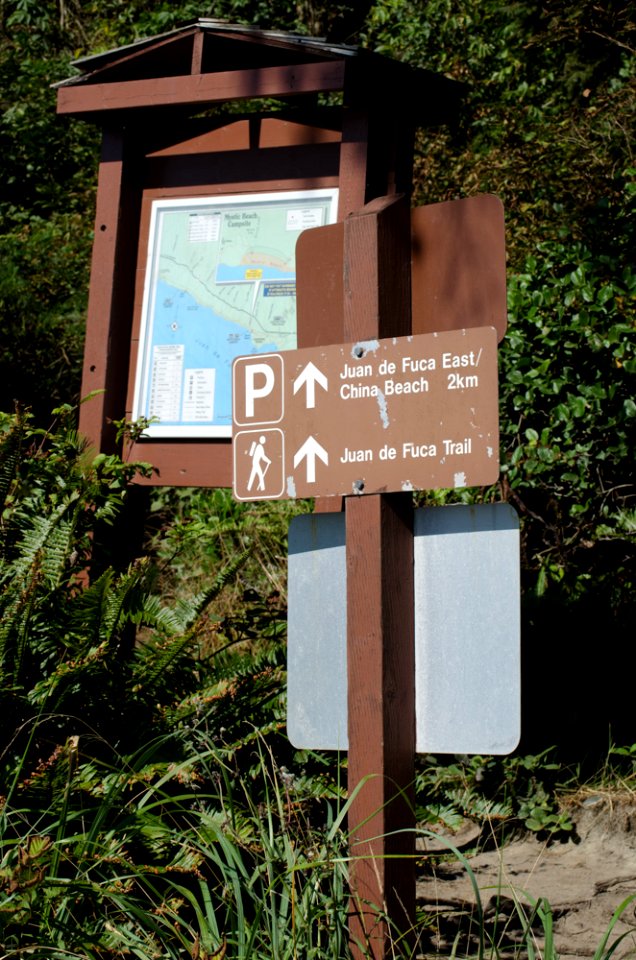 Signage for Juan de Fuca trail from Mystic Beach, on Vancouver Island, British Columbia