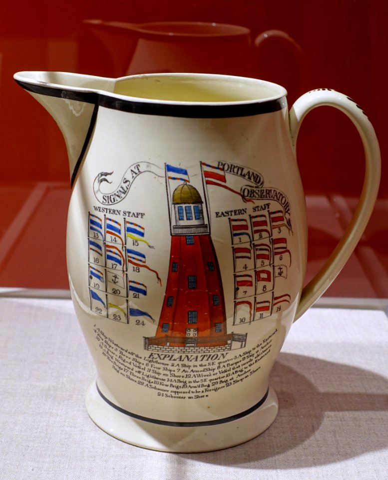 Signals at Portland Observatory, pitcher, Liverpool, England, 1807, earthenware - Portland Museum of Art - Portland, Maine - DSC04381