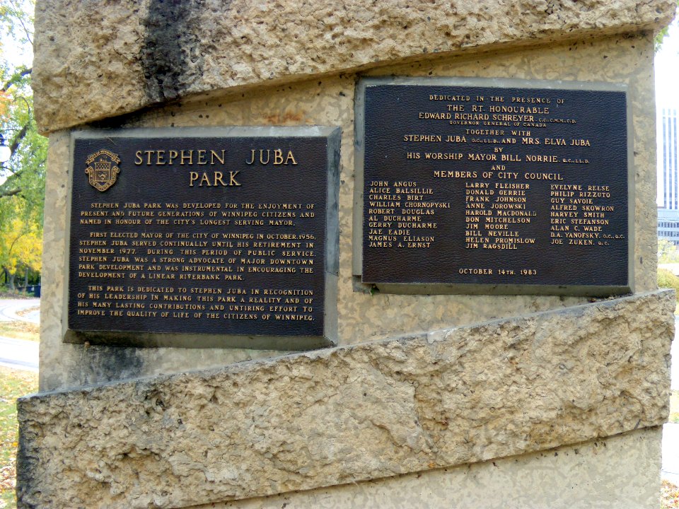 Signage for the Stephen Juba Park in Winnipeg's Waterfront District
