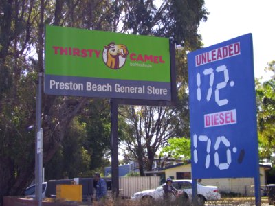 Signs for Preston Beach General Store and fuel prices (E37@WTW2013)