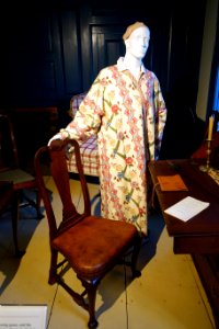 Side chair, Boston, 1745-1760, walnut, with dressing gown, chintz, reproduction of original from Historic Deerfield - Concord Museum - Concord, MA - DSC05673
