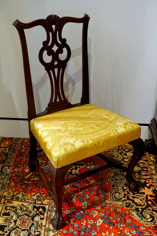 Side chair, maker unknown, Boston MA, 1760-1785, mahogany, reproduction upholstery - Peabody Essex Museum - DSC07039
