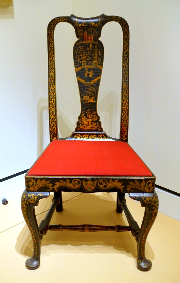 Side chair, unknown maker, Boston, 1740-1760, with decoration added 1800-1820, mahogany, paint, reproduction upholstery - Peabody Essex Museum - DSC06844