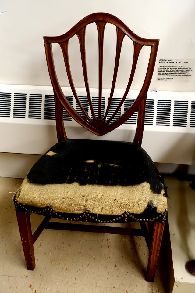 Side chair, Boston area, 1790-1810, original upholstery and brass tacks - Dedham Historical Society - Dedham Massachusetts - DSC04169