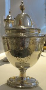 Silver sugar bowl from coffee and tea service manufactured by Littleton and Holland, c. 1800-05