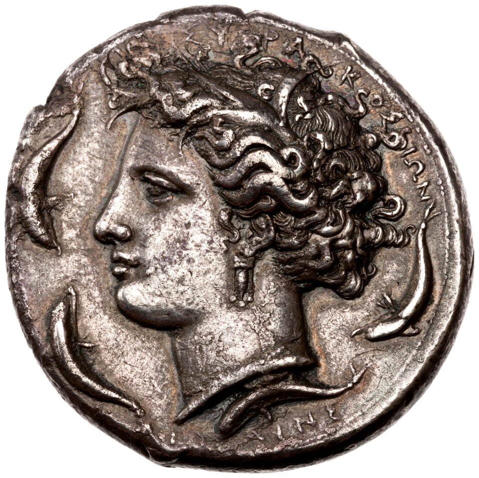 Silver decadrachm of Arethusa, minted in Syracuse (405-400 BCE)