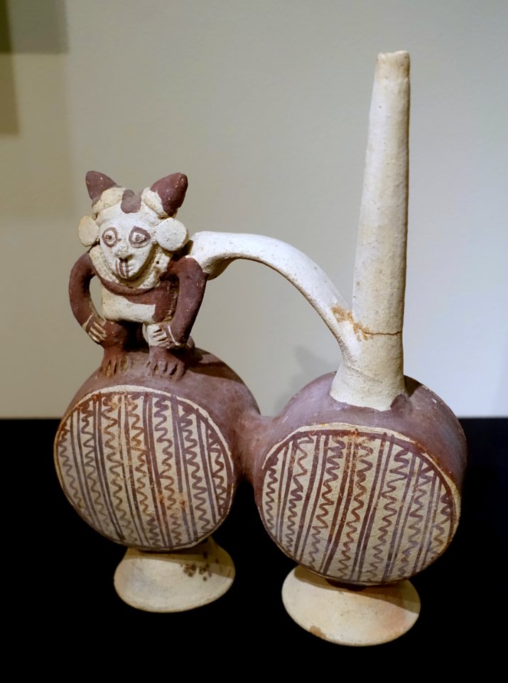 Single spout strap handle vessel with standing figure, 1 of 2, Chancay culture, Peru central coast, Late Intermediate Period, 1100-1300 AD, ceramic and slips - Dallas Museum of Art - DSC04657