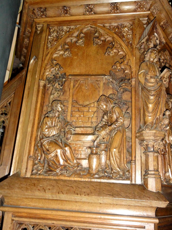 Sint Martinuskerk Katwijk (Cuijk) preekstoelpaneel 1, Samaritaanse vrouw