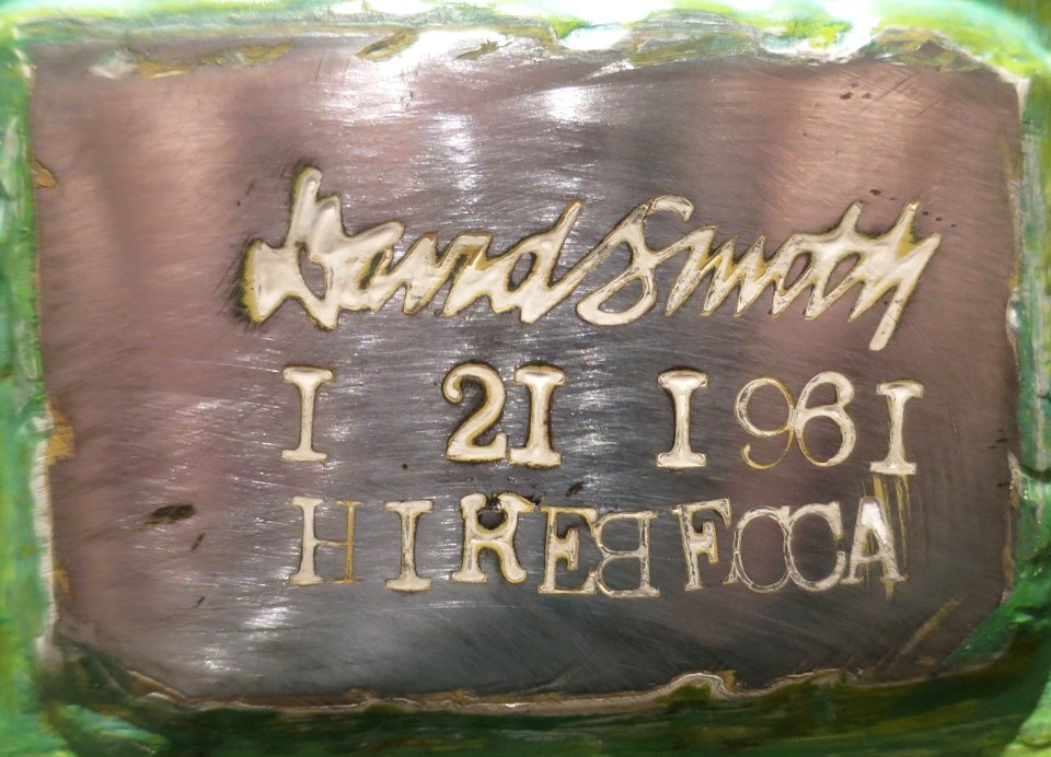 Signature plaque on 'Hirebecca' by David Smith, 1961
