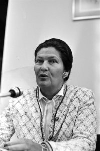Simone Veil tijdens de persconferentie, Bestanddeelnr 931-0531
