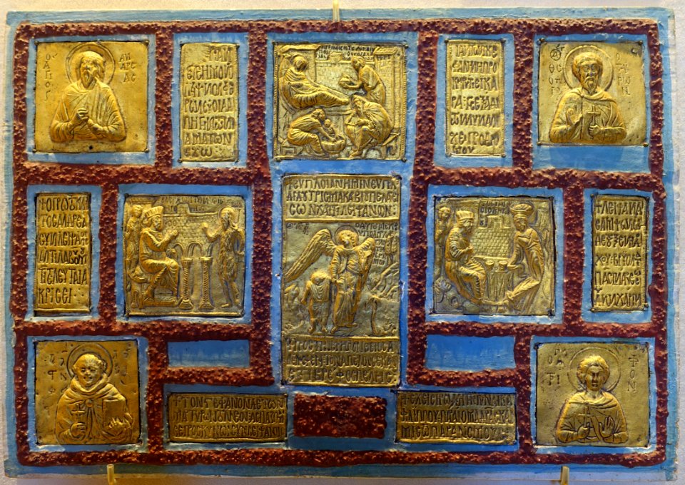 St John the Baptist and other saints, copied from a lost Byzantine diptych at the Battistero di San Giovanni in Florence, 1 of 2, Florence, before 1759, painted and gilt stucco - Vatican Museums - DSC00708