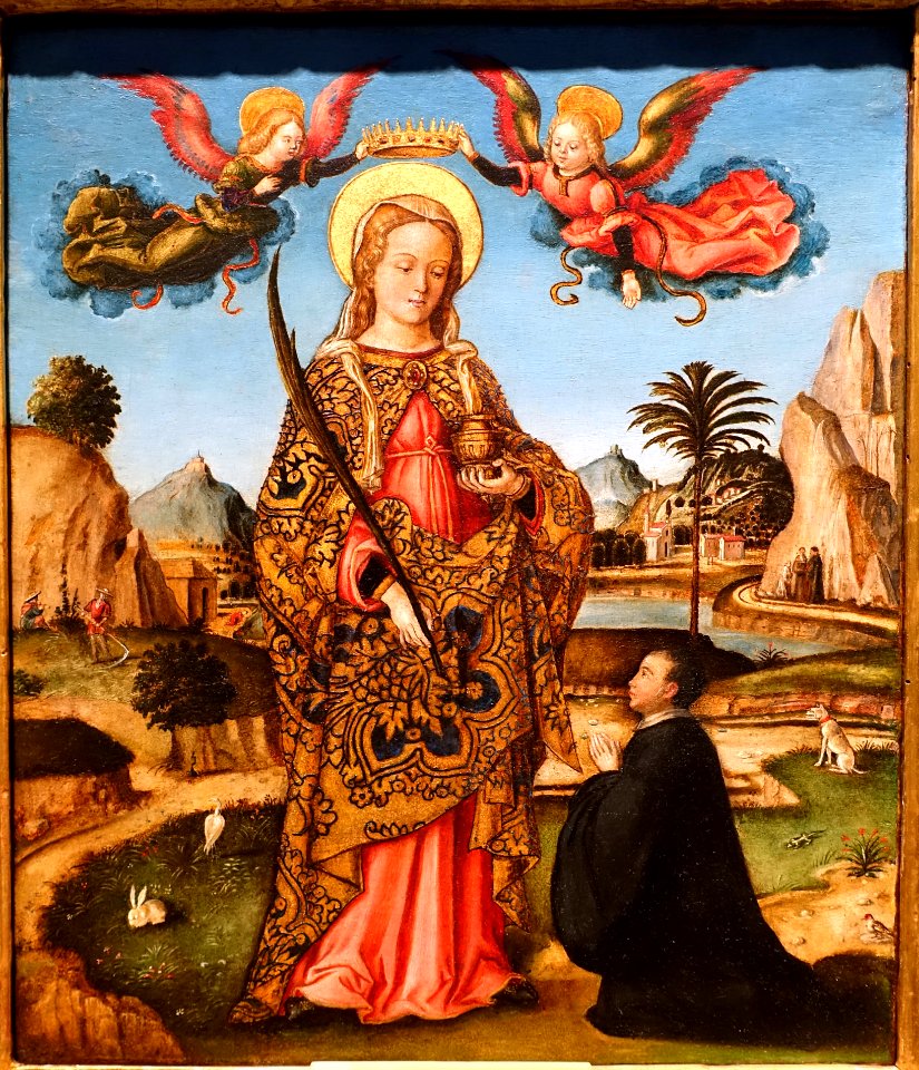 St. Lucy and Kneeling Donor, by Lazzaro Bastiani, 1480-1490, oil paint on wood - Portland Art Museum - Portland, Oregon - DSC09020