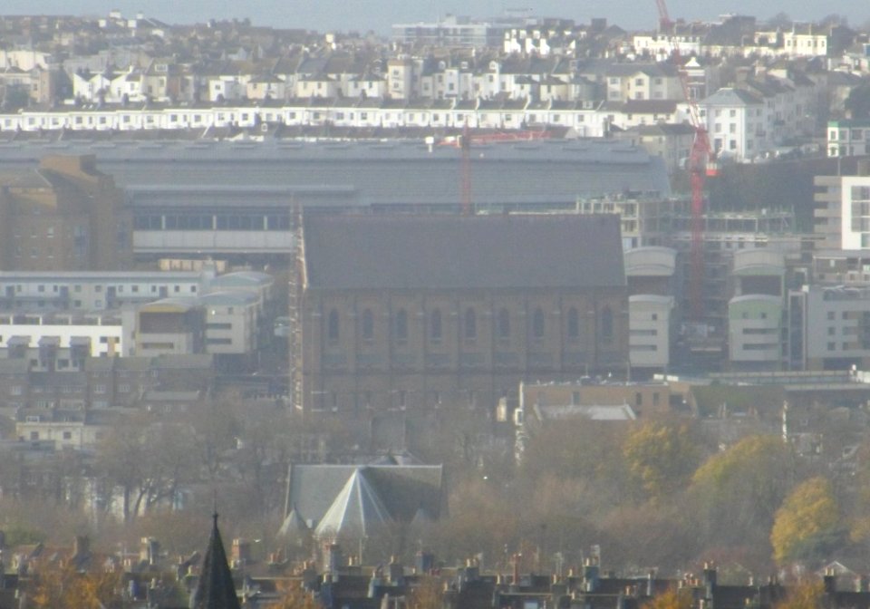 St Bartholomew's Church, Ann Street, Brighton (NHLE Code 1379913) (December 2013, seen from Whitehawk Hill)