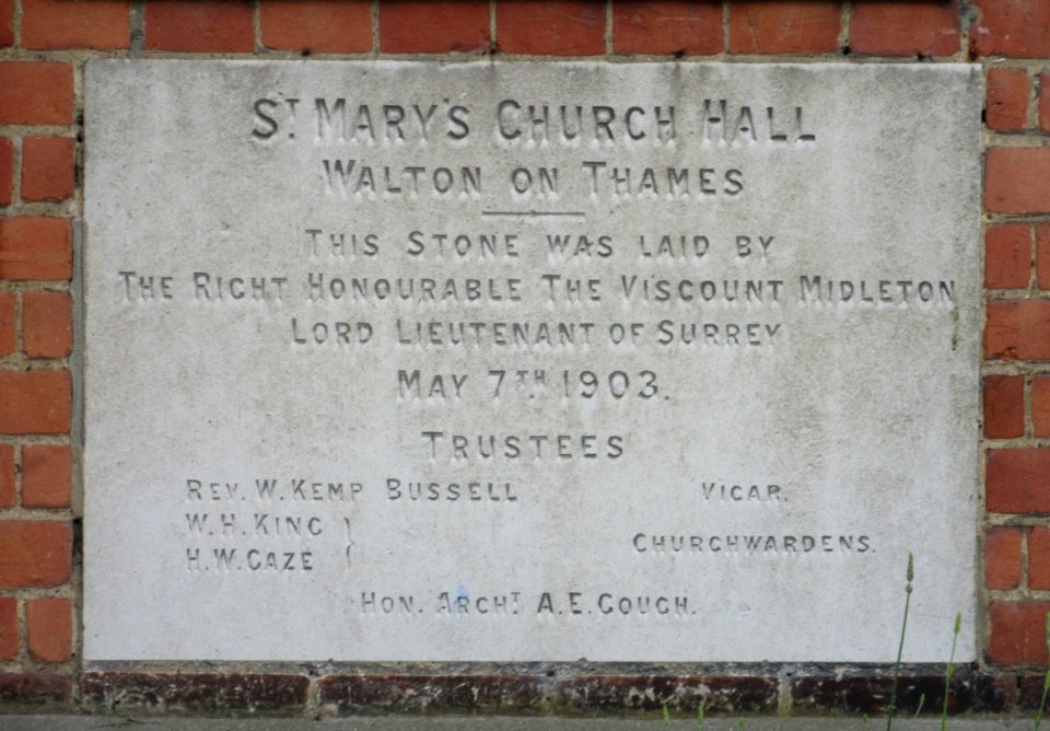 St Mary's Church, Church Street, Walton-on-Thames (June 2015) (Foundation Stone of Church Hall)