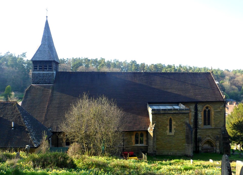 St Mary the Virgin's Church, Horsham Road, Holmbury St Mary (March 2014, from South-Southeast)