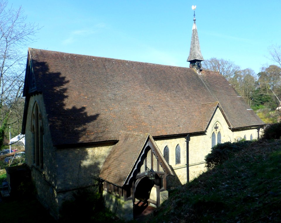 St Mark's Church, Walking Bottom, Peaslake (March 2014, from Southwest)