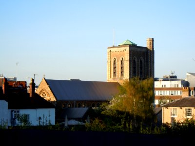 St Nicholas' Church, Bury Street, Guildford (April 2014) (Tower seen from Bury Fields)