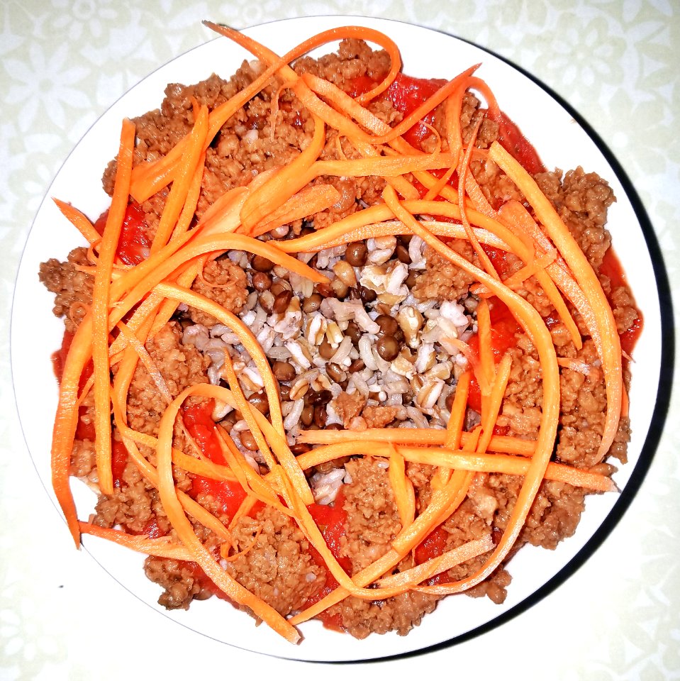 Spelt, lentils, and brown rice with carrots, tvp, and tomato - Massachusetts