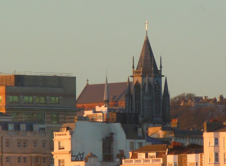 Spire of St Paul's Church, West Street, Brighton (January 2017, seen from Palace Pier at sunset)