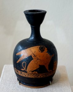 Sphinx, lekythos, Greek-Attic, c. 425-390 BC, red-figure terracotta - Blanton Museum of Art - Austin, Texas - DSC07679