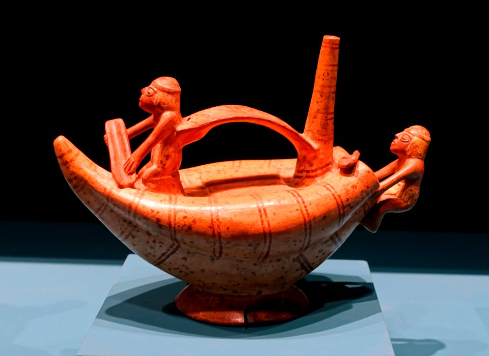 Spout and bridge bottle, tule boat, Lambayeque style, Peru, 900-1430 AD, ceramic - Fowler Museum - University of California, Los Angeles - DSC02386
