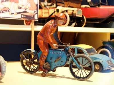 Speelgoedmuseum Deventer, clockwork wind-up tin toy, Echo Lehmann motorbike ca 1900