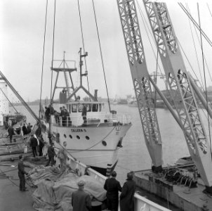 Spectaculair transport in haven Rotterdam, schip in takel, Bestanddeelnr 919-0534