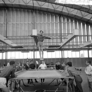 Spel en sport voor jeugd in RAI-gebouw te Amsterdam. Trampolinespringen, Bestanddeelnr 915-3584