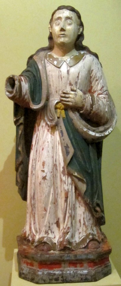 St. John the Evangelist at the Foot of the Cross, polychromed wood statue from the Philippines, 18th-19th century, HAA