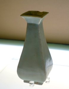 Square vase, Longquan kiln, unearthed from Yuan dynasty tomb in Dongxi, Jianyang, Sichuan, China, Southern Song dynasty, 1127-1279 AD, celadon glaze - Sichuan Provincial Museum - Chengdu, China - DSC04143