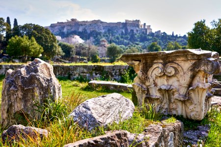 Square ornate acanthus leaf Corinthian capital at the Ancient Agora of Athens on 21 February 2019