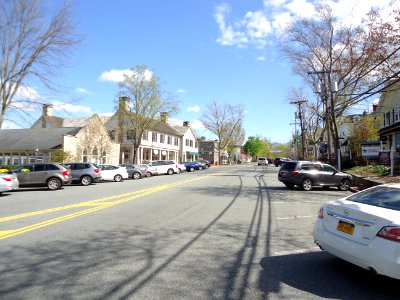 Street scene with cars and sky and shops in Basking Ridge New Jersey photo