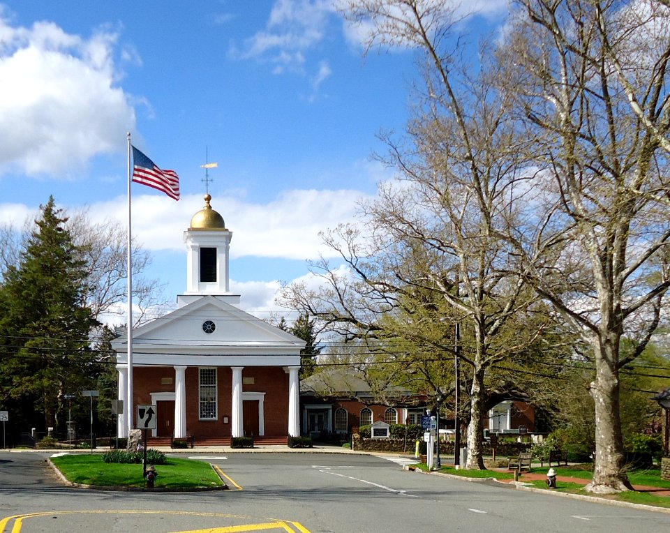 Street scene cropped Basking Ridge New Jersey with trees and church