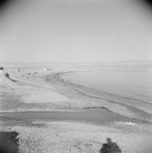 Strand met enkele mensen aan de rand van de Dode Zee, Bestanddeelnr 255-5627