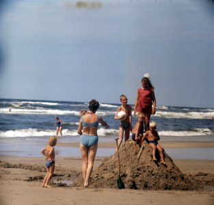 Strandgenoegens kinderen hebben een zandkasteel gebouwd vlak aan zee, Bestanddeelnr 254-7321