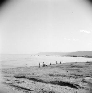 Strand met enkele mensen aan de rand van de Dode Zee, Bestanddeelnr 255-5625