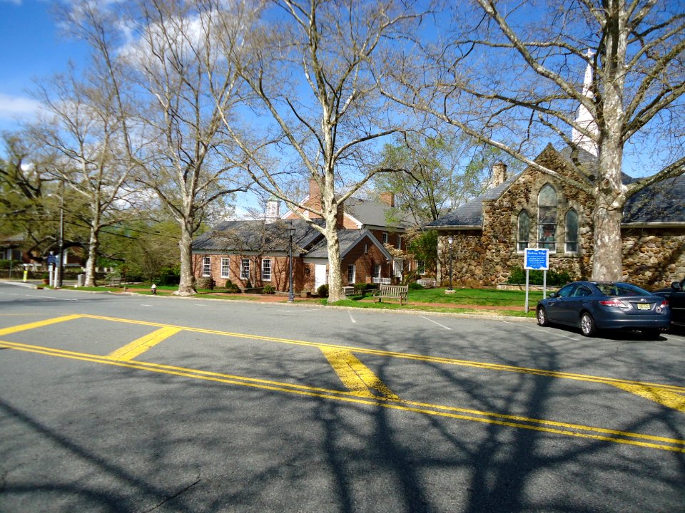 Street and church and car in Basking Ridge New Jersey