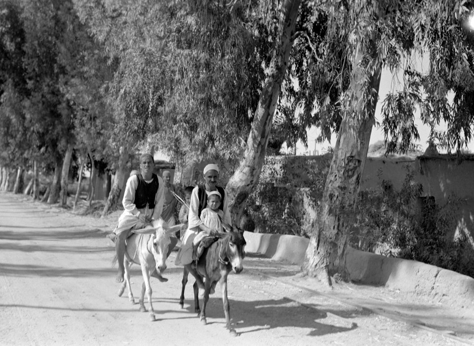 Straatbeeld in een dorp. Mannen met kinderen op hun ezels, Bestanddeelnr 191-0092