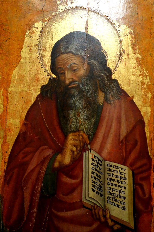 Sts. Catherine, John the Evangelist, John the Baptist, and Benedict the Abbot, by Donato De' Bardi, 1420-1430, view 3 John the Evangelist, tempera on wood - Accademia Ligustica di Belle Arti - DSC01988