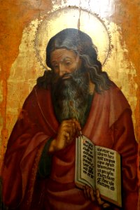 Sts. Catherine, John the Evangelist, John the Baptist, and Benedict the Abbot, by Donato De' Bardi, 1420-1430, view 3 John the Evangelist, tempera on wood - Accademia Ligustica di Belle Arti - DSC01988